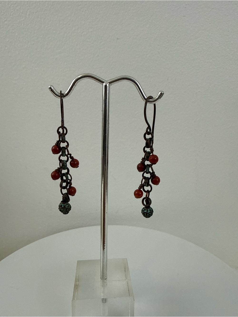 Handcrafted copper Red Bead Dangle Earrings